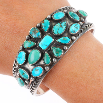 6.5" c1930's Navajo deep stamped ingot silver turquoise cluster cuff bracelet