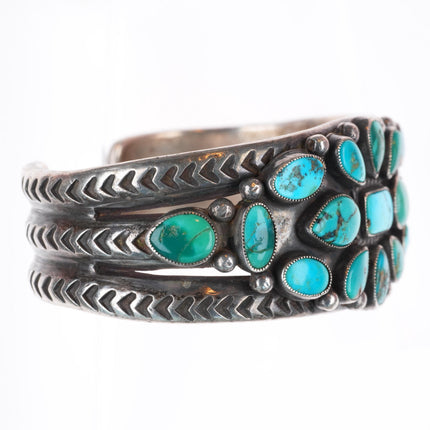 6.5" c1930's Navajo deep stamped ingot silver turquoise cluster cuff bracelet