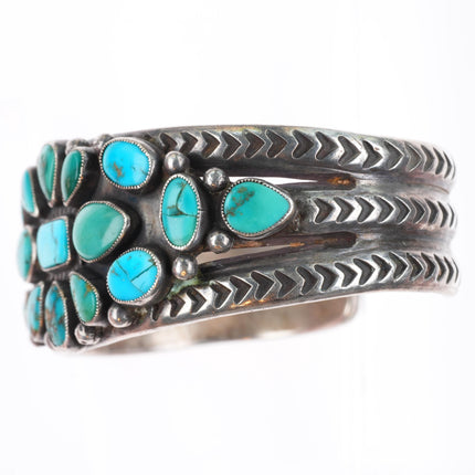 6.5" c1930's Navajo deep stamped ingot silver turquoise cluster cuff bracelet