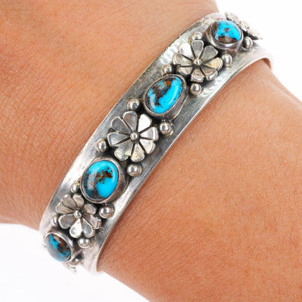 5.9" RA Vintage Southwestern sterling silver row cuff bracelet w/ nice turquoise