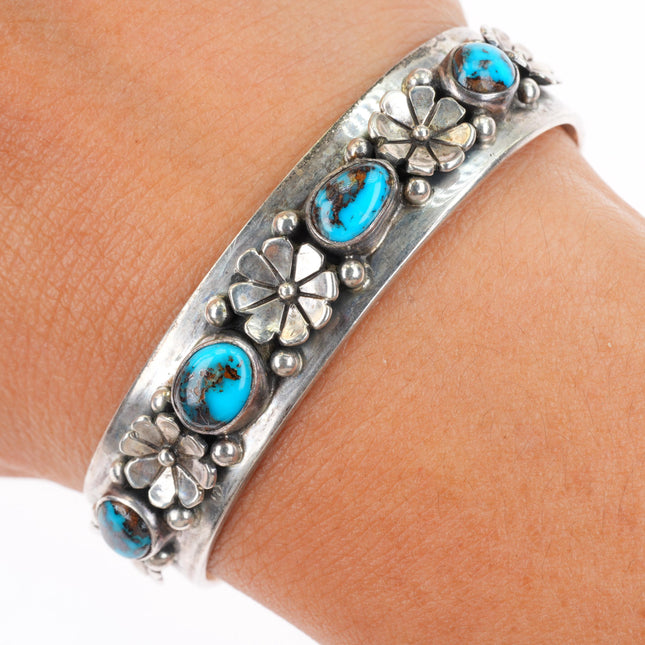 5.9" RA Vintage Southwestern sterling silver row cuff bracelet w/ nice turquoise