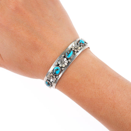 5.9" RA Vintage Southwestern sterling silver row cuff bracelet w/ nice turquoise