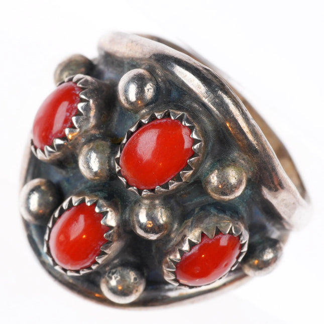 sz9.5 vintage J Yazzie Navajo sterling silver coral cluster domed ring