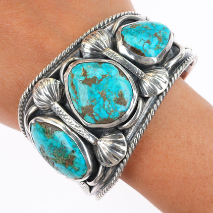 7.1" Big vintage JB Navajo sterling silver turquoise cuff bracelet