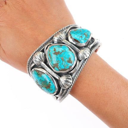 7.1" Big vintage JB Navajo sterling silver turquoise cuff bracelet