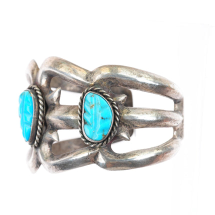 6.4" vintage Zuni carved turquoise leaves cast sterling silver cuff bracelet