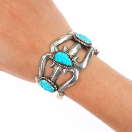 6.4" vintage Zuni carved turquoise leaves cast sterling silver cuff bracelet