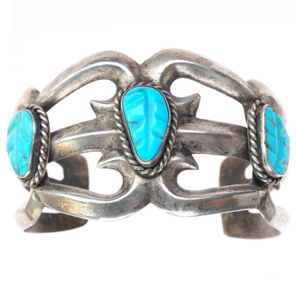 6.4" vintage Zuni carved turquoise leaves cast sterling silver cuff bracelet