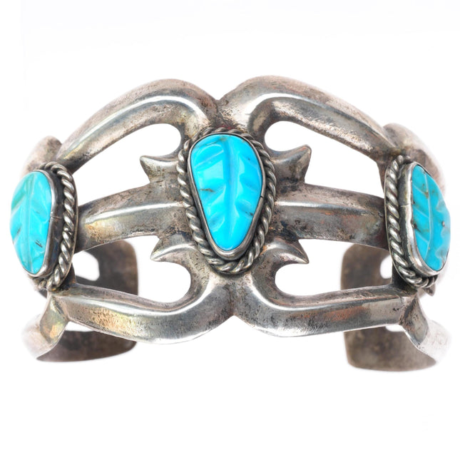 6.4" vintage Zuni carved turquoise leaves cast sterling silver cuff bracelet