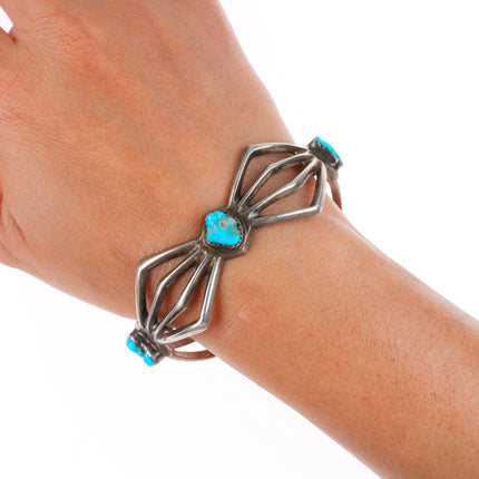 6.6" vintage Navajo cast sterling silver spiderweb cuff bracelet w/turquoise