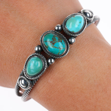 6.4" c1930's Navajo twisted wire 3 stone turquoise cuff bracelet sterling silver