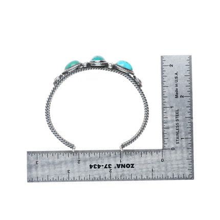 6.4" c1930's Navajo twisted wire 3 stone turquoise cuff bracelet sterling silver