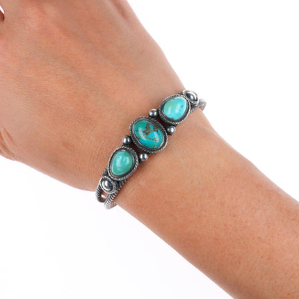 6.4" c1930's Navajo twisted wire 3 stone turquoise cuff bracelet sterling silver
