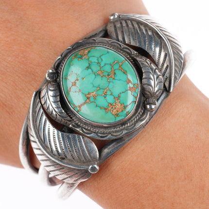 6.6" Vintage Navajo sterling silver spiderweb turquoise cuff bracelet