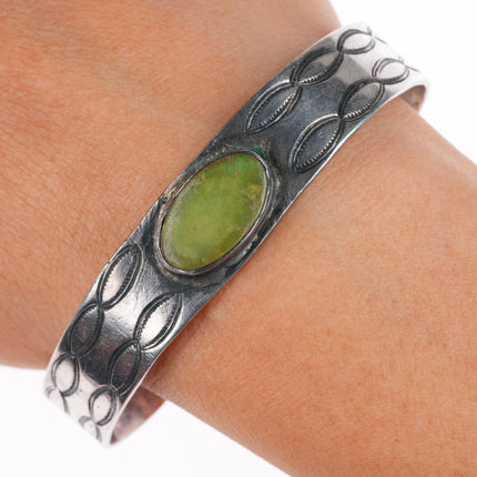 6.9" c1920's-30's Navajo ingot silver stamped cuff bracelet with green turquoise