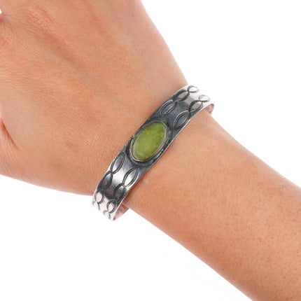6.9" c1920's-30's Navajo ingot silver stamped cuff bracelet with green turquoise