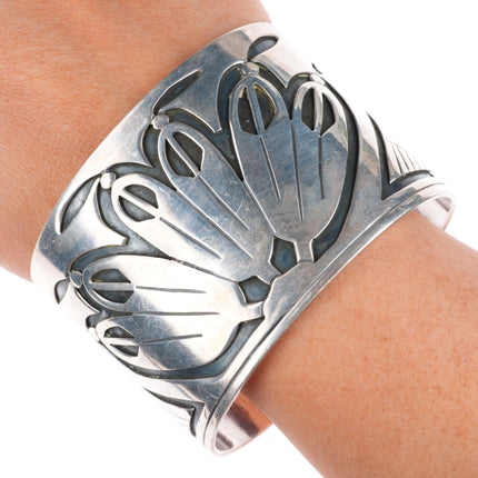 7.4" vintage c1950's Wallie Sekayumptewa Hopi sterling silver wide cuff bracelet
