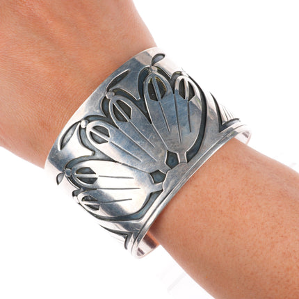 7.4" vintage c1950's Wallie Sekayumptewa Hopi sterling silver wide cuff bracelet
