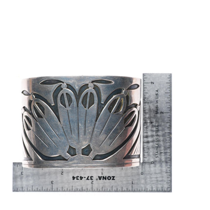 7.4" vintage c1950's Wallie Sekayumptewa Hopi sterling silver wide cuff bracelet