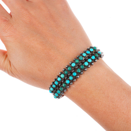 6.4" c1940 vintage Zuni 2 row snake eye turquoise sterling silver cuff bracelet