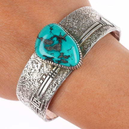 6.3" Henry Mariano Navajo sterling silver Yei cuff bracelet with nice turquoise