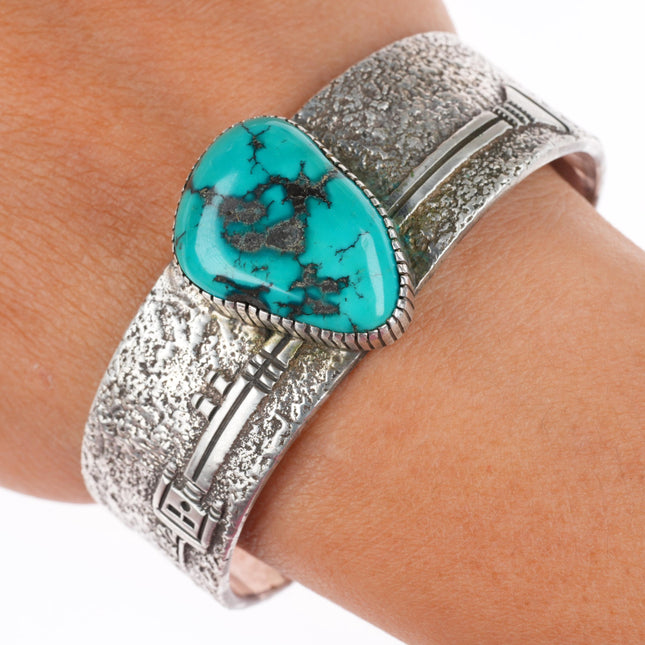 6.3" Henry Mariano Navajo sterling silver Yei cuff bracelet with nice turquoise