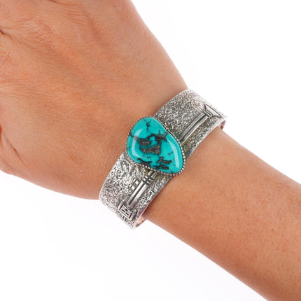 6.3" Henry Mariano Navajo sterling silver Yei cuff bracelet with nice turquoise