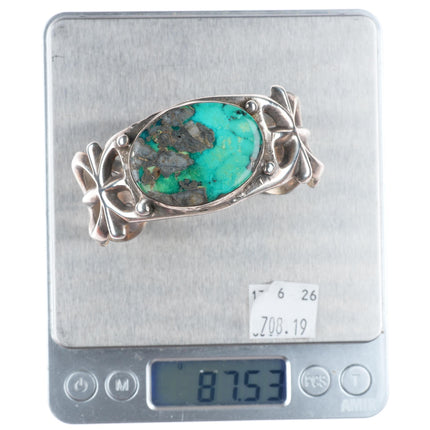 6.7" c1950 vintage Navajo sterling silver cast cuff bracelet with nice turquoise