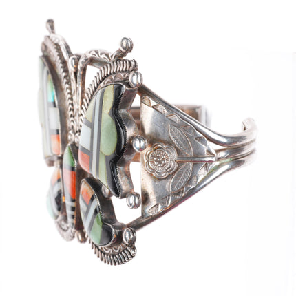 6.3" c1940 Zuni turquoise, spiny oyster sterling silver butterfly cuff bracelet