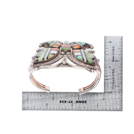 6.3" c1940 Zuni turquoise, spiny oyster sterling silver butterfly cuff bracelet