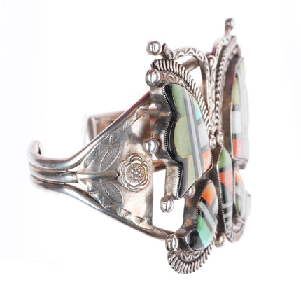 6.3" c1940 Zuni turquoise, spiny oyster sterling silver butterfly cuff bracelet