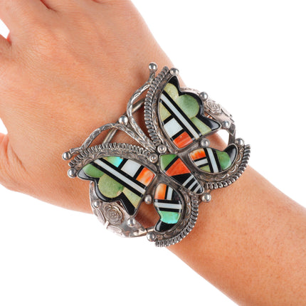 6.3" c1940 Zuni turquoise, spiny oyster sterling silver butterfly cuff bracelet