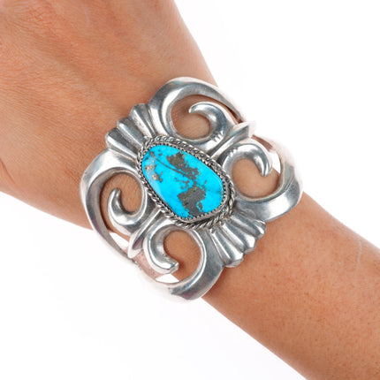 6.5" Large vintage Navajo cast sterling silver turquoise cuff bracelet