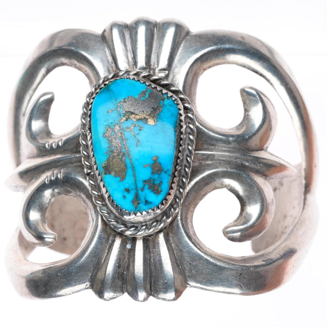 6.5" Large vintage Navajo cast sterling silver turquoise cuff bracelet