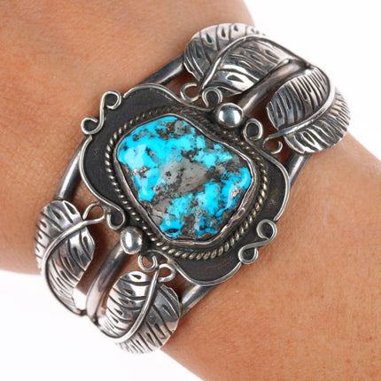 6.1" vintage Navajo sterling silver feather designs turquoise cuff bracelet