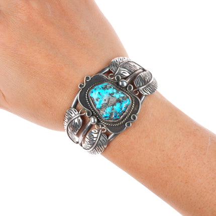 6.1" vintage Navajo sterling silver feather designs turquoise cuff bracelet