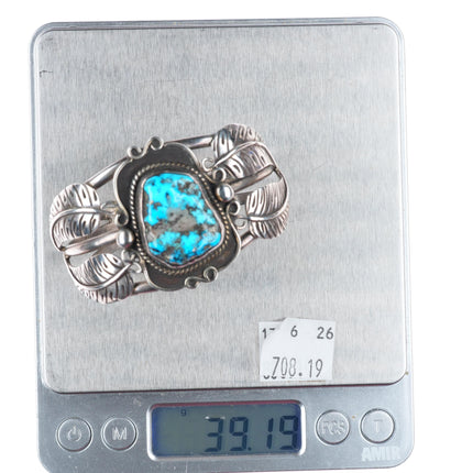 6.1" vintage Navajo sterling silver feather designs turquoise cuff bracelet