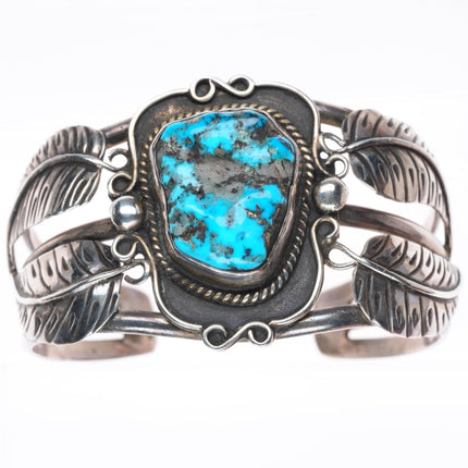 6.1" vintage Navajo sterling silver feather designs turquoise cuff bracelet