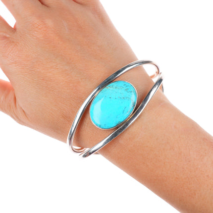 7.1" vintage LWM Southwestern modernist sterling silver turquoise cuff bracelet
