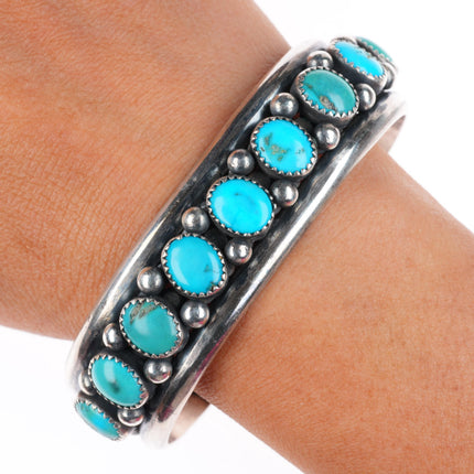 7.3" Heavy vintage Navajo sterling silver turquoise row cuff bracelet