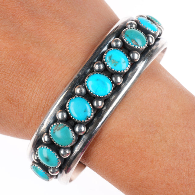 7.3" Heavy vintage Navajo sterling silver turquoise row cuff bracelet