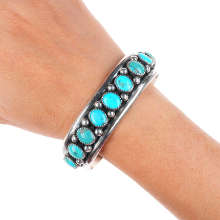 7.3" Heavy vintage Navajo sterling silver turquoise row cuff bracelet