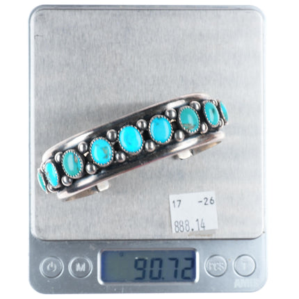 7.3" Heavy vintage Navajo sterling silver turquoise row cuff bracelet