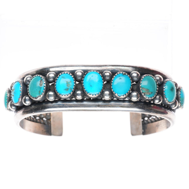 7.3" Heavy vintage Navajo sterling silver turquoise row cuff bracelet
