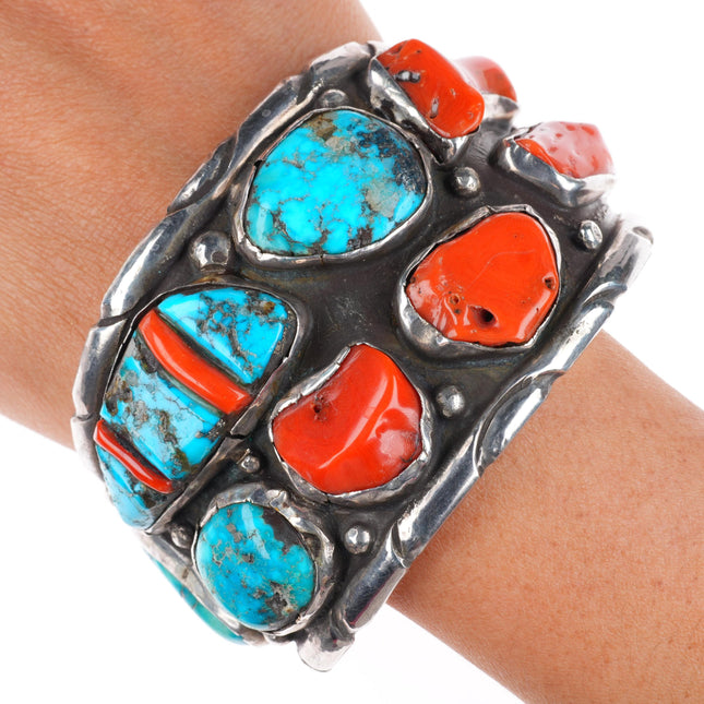 7.75" vintage Navajo Morenci turquoise Mediterranean coral large cuff bracelet