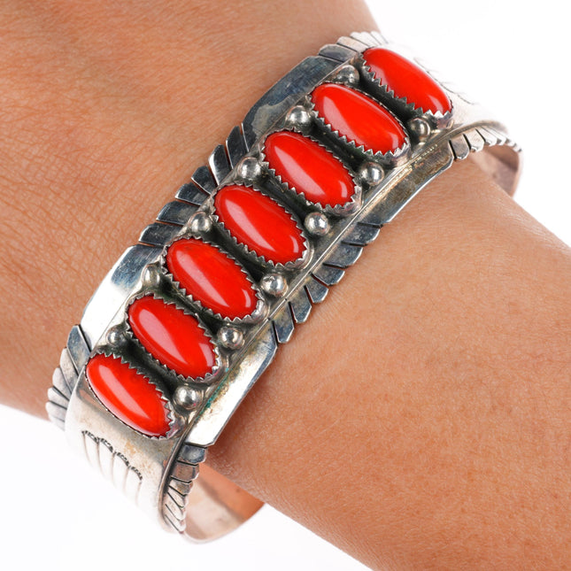 7" T Spencer Navajo vintage sterling silver high grade coral row cuff bracelet