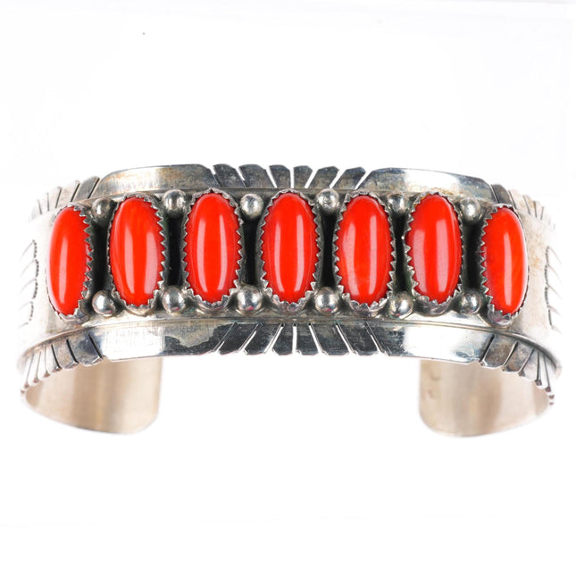 7" T Spencer Navajo vintage sterling silver high grade coral row cuff bracelet