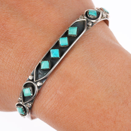 6" vintage Esalalio Zuni sterling silver turquoise inlay row cuff bracelet