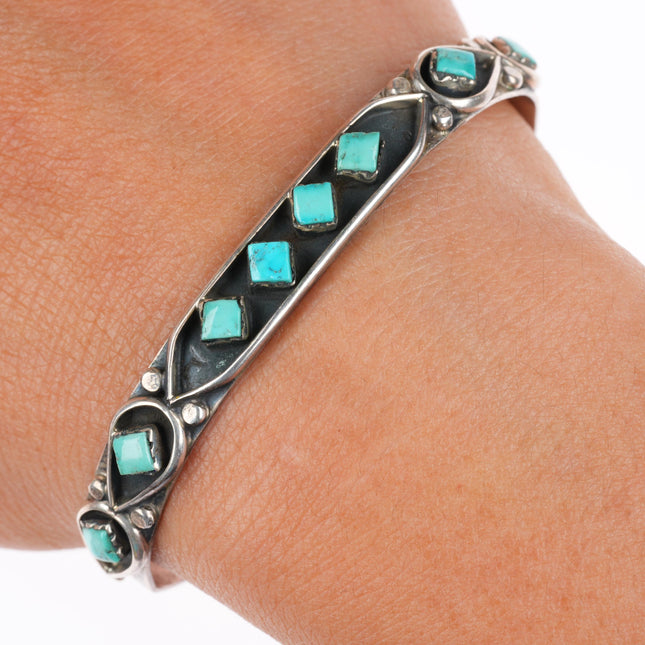 6" vintage Esalalio Zuni sterling silver turquoise inlay row cuff bracelet