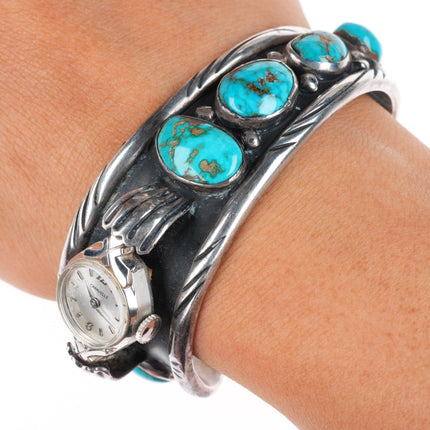 6.3" Dee Morris high grade turquoise vintage sterling silver watch cuff bracelet